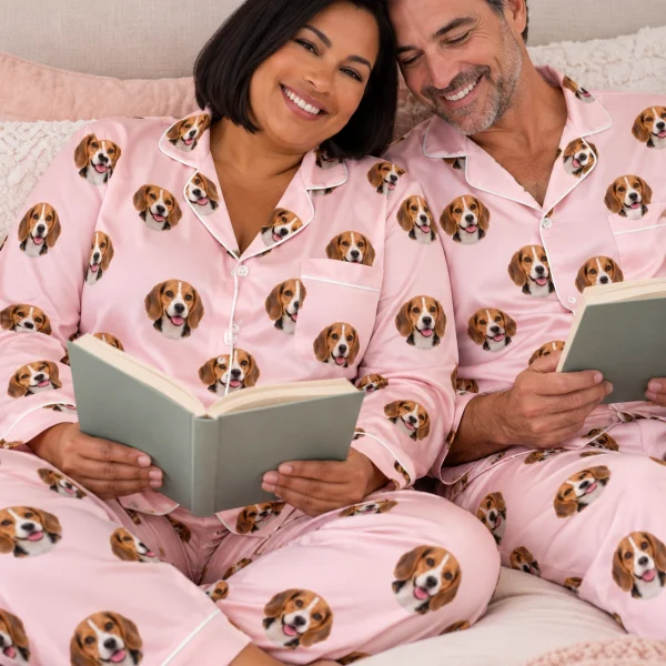 Woman and her partner in matching beagle pajamas womens with tricolor Beagle (black, tan and white) faces — MyDogPics