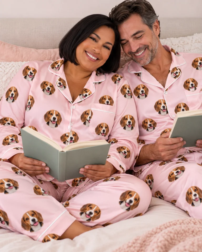 Woman and her partner in matching beagle pajamas womens with tricolor Beagle (black, tan and white) faces — MyDogPics