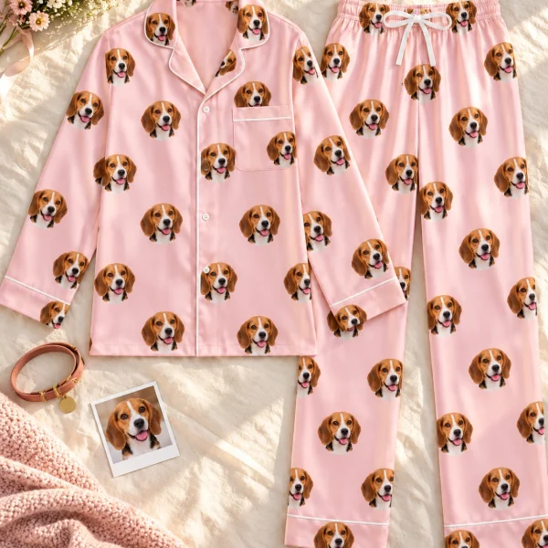 Flat lay of a beagle pajamas womens: shirt and pants covered in tricolor Beagle (black, tan and white) faces — MyDogPics