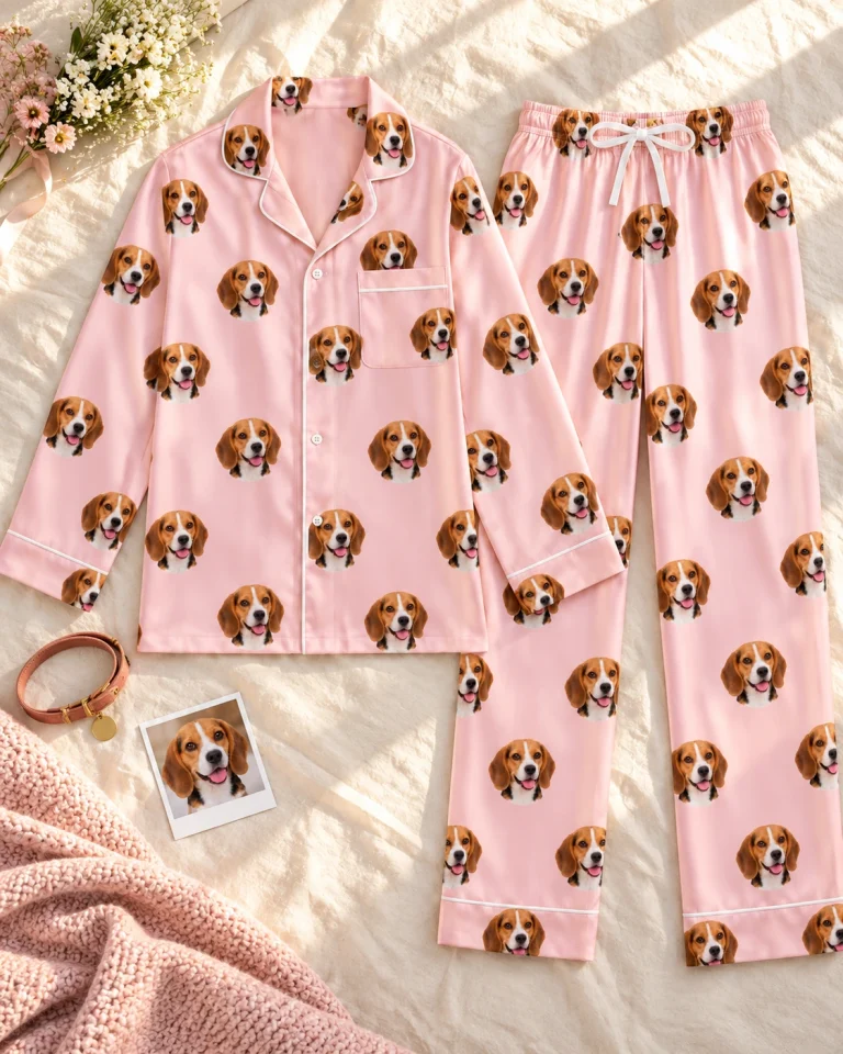 Flat lay of a beagle pajamas womens: shirt and pants covered in tricolor Beagle (black, tan and white) faces — MyDogPics