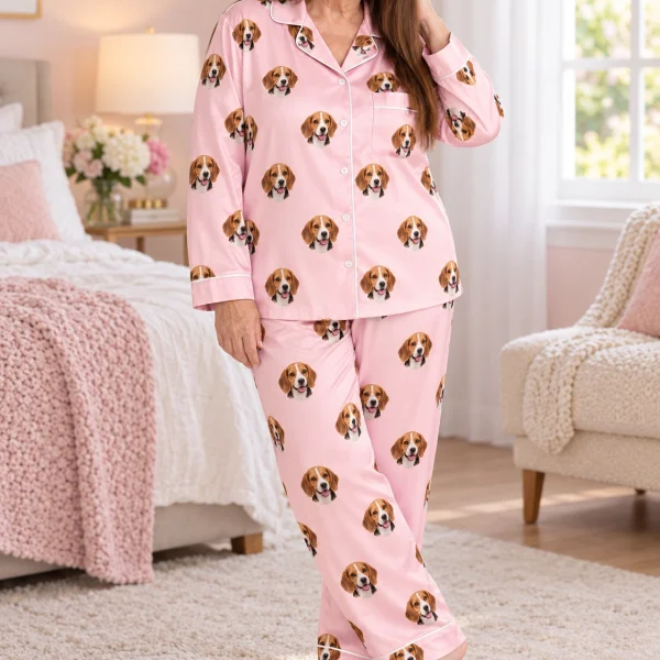 Woman wearing a beagle pajamas womens covered in tricolor Beagle (black, tan and white) faces on blush pink satin — MyDogPics