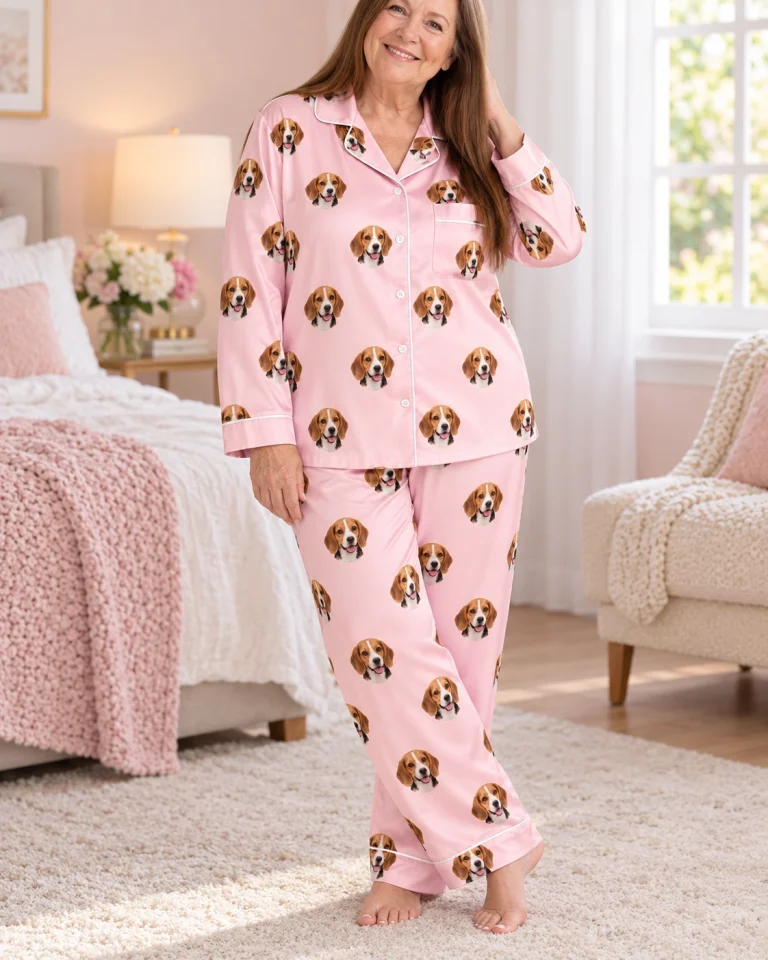 Woman wearing a beagle pajamas womens covered in tricolor Beagle (black, tan and white) faces on blush pink satin — MyDogPics