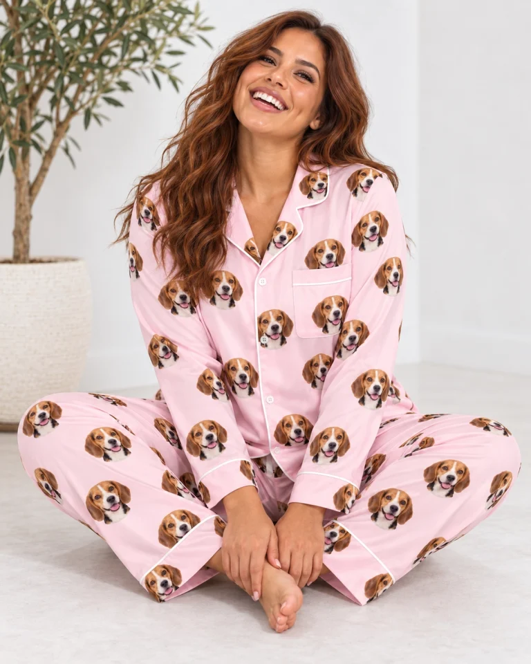 Woman sitting in a beagle pajamas womens covered in tricolor Beagle (black, tan and white) faces — MyDogPics