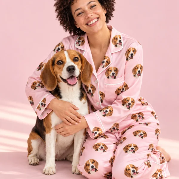 Woman in a beagle pajamas womens with her Beagle — MyDogPics