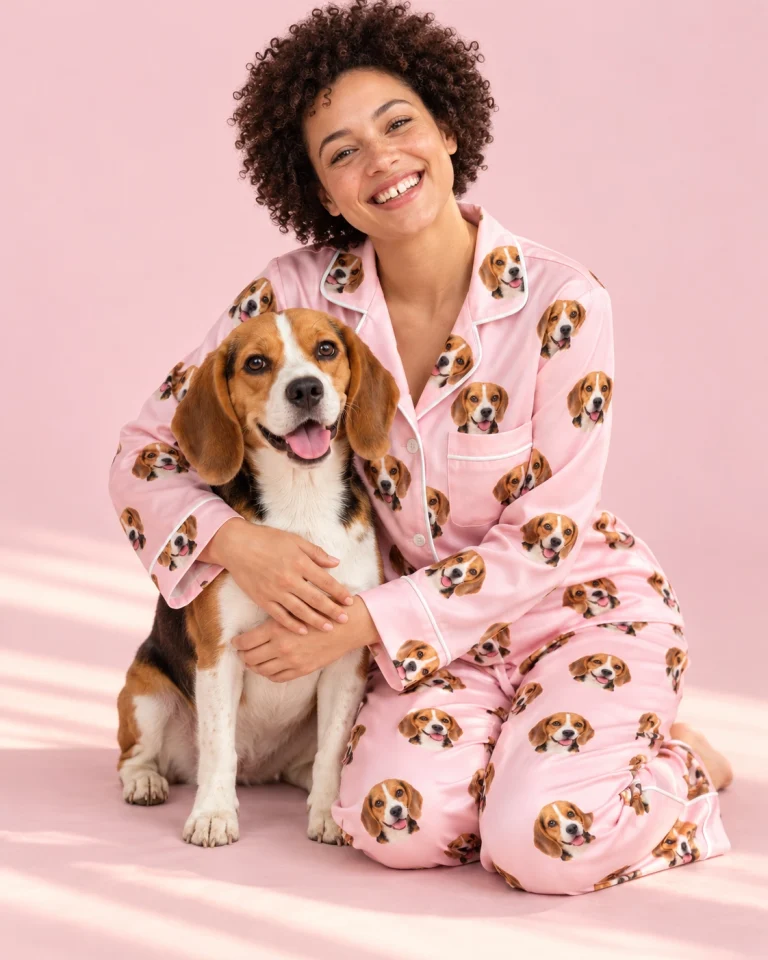 Woman in a beagle pajamas womens with her Beagle — MyDogPics
