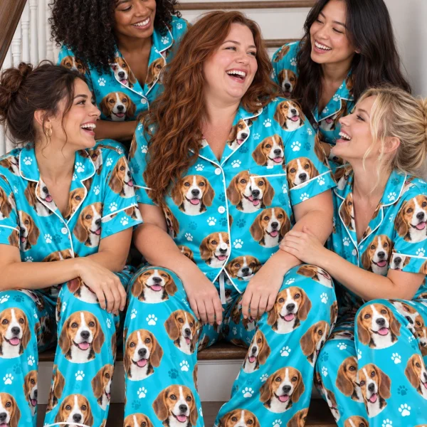 Woman and her friends in matching beagle print pajamas with tricolor Beagle (black, tan and white) faces — MyDogPics