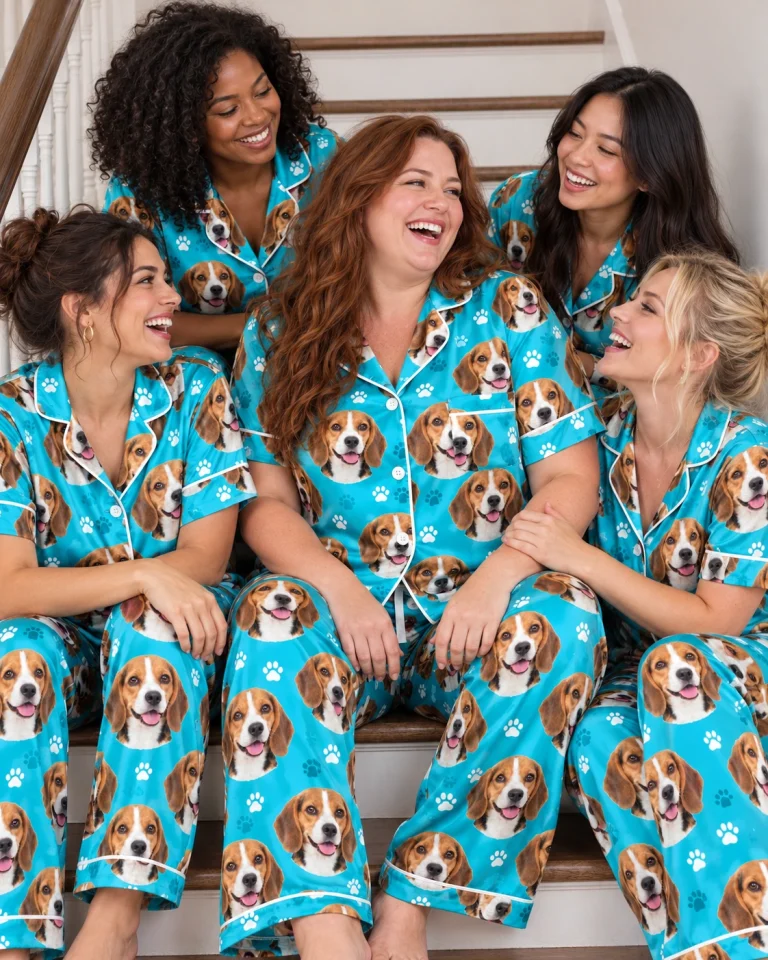 Woman and her friends in matching beagle print pajamas with tricolor Beagle (black, tan and white) faces — MyDogPics