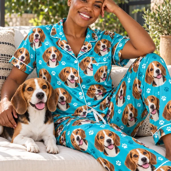Woman in beagle print pajamas with her Beagle — MyDogPics