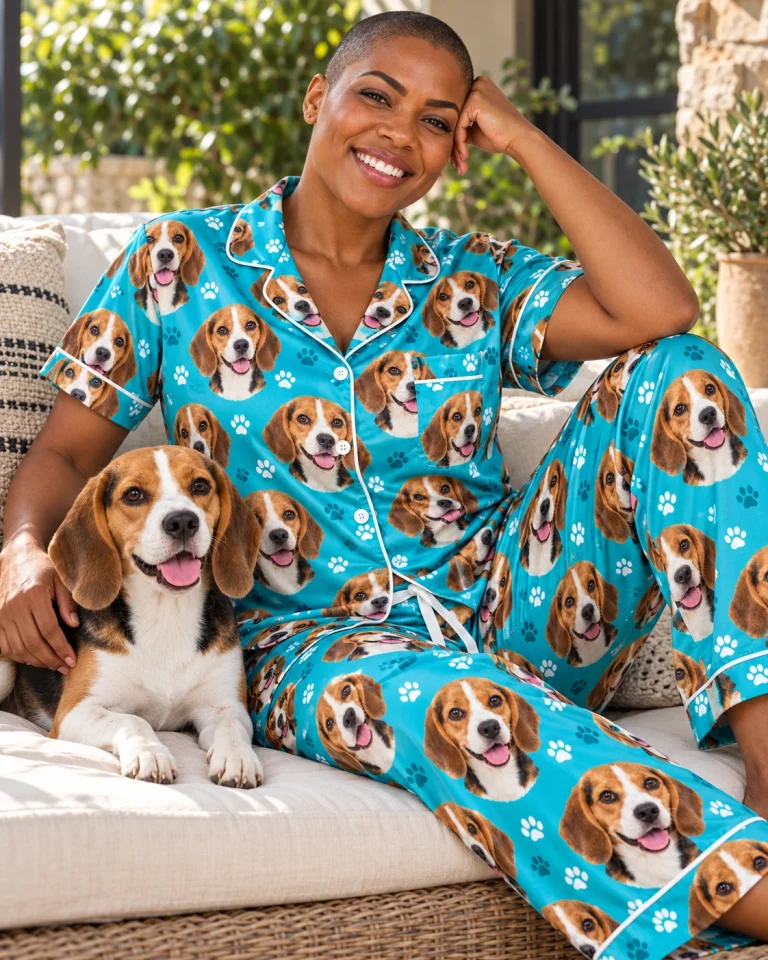 Woman in beagle print pajamas with her Beagle — MyDogPics