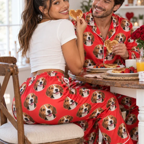 Woman and her partner in matching beagle Valentine pajamas with tricolor Beagle (black, tan and white) faces — MyDogPics