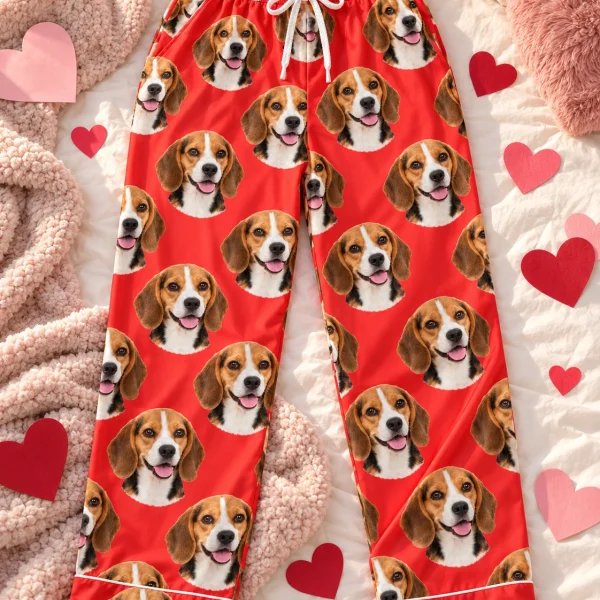 Flat lay of beagle Valentine pajamas: pants covered in tricolor Beagle (black, tan and white) faces — MyDogPics