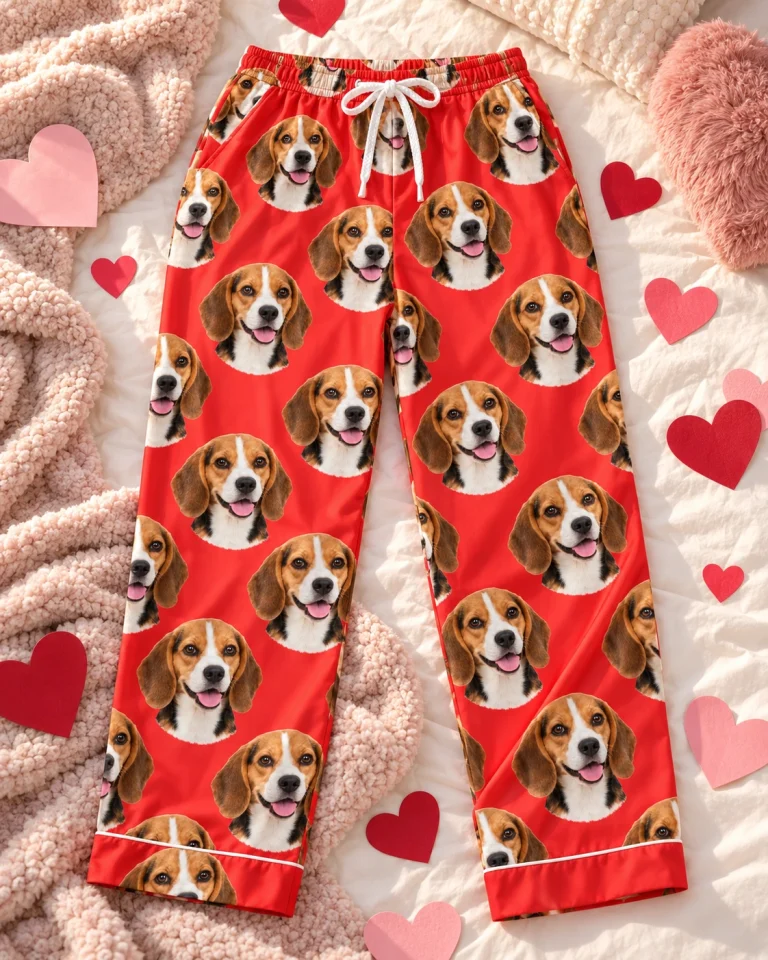 Flat lay of beagle Valentine pajamas: pants covered in tricolor Beagle (black, tan and white) faces — MyDogPics
