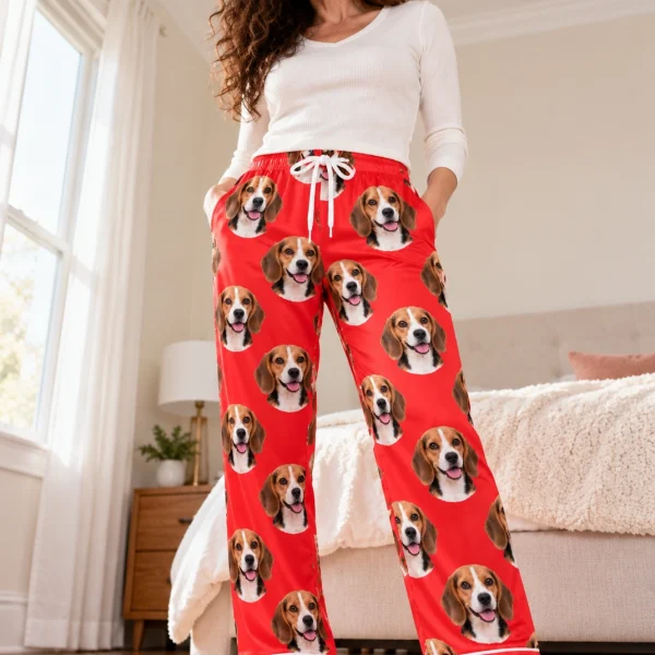 Woman wearing beagle Valentine pajamas covered in tricolor Beagle (black, tan and white) faces on red satin — MyDogPics