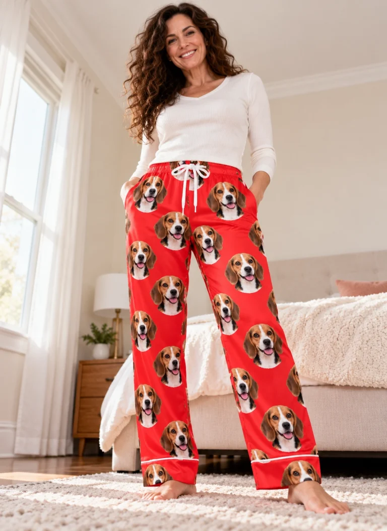 Woman wearing beagle Valentine pajamas covered in tricolor Beagle (black, tan and white) faces on red satin — MyDogPics