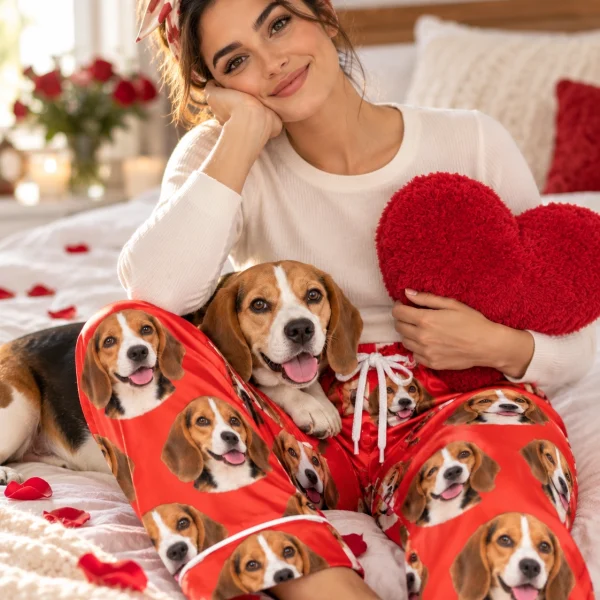 Woman in beagle Valentine pajamas with her Beagle — MyDogPics