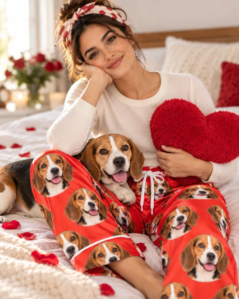Woman in beagle Valentine pajamas with her Beagle — MyDogPics