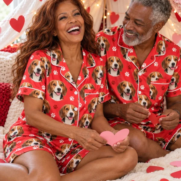 Woman and her partner in matching beagle Valentines day pajama set — MyDogPics