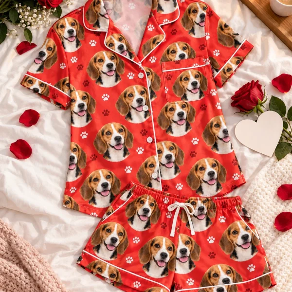 Flat lay of a beagle Valentines day pajama set — MyDogPics