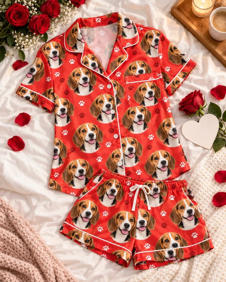 Flat lay of a beagle Valentines day pajama set — MyDogPics