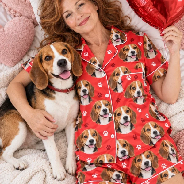 Woman in a beagle Valentines day pajama set with her Beagle — MyDogPics