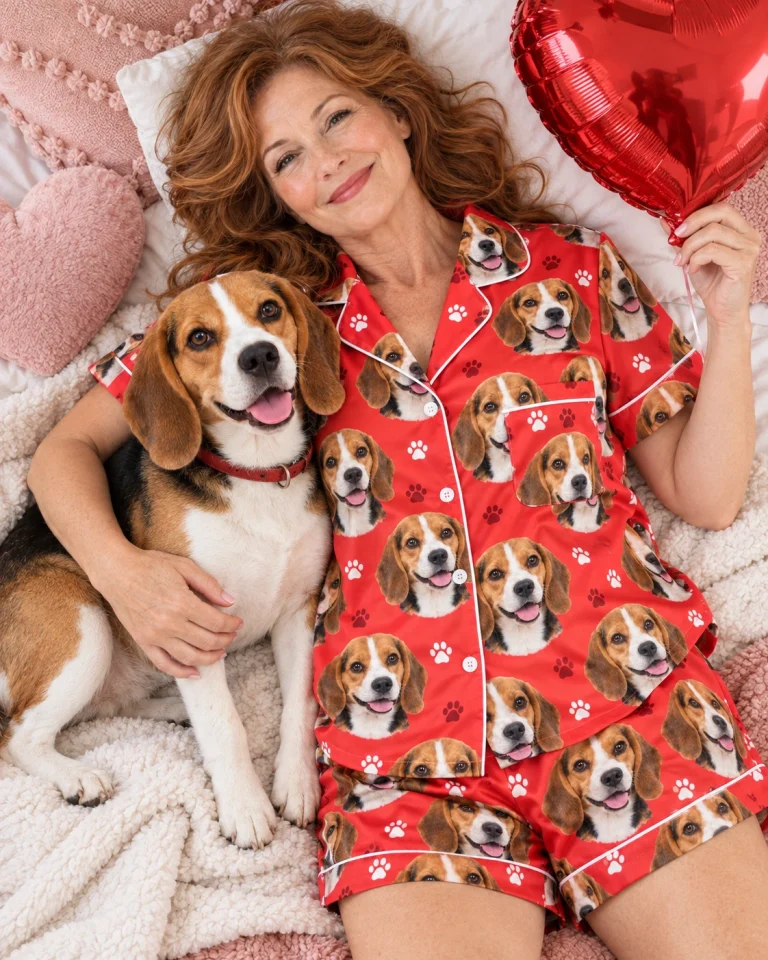 Woman in a beagle Valentines day pajama set with her Beagle — MyDogPics