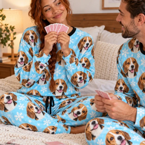 Woman and her partner in matching beagle winter pajamas with tricolor Beagle (black, tan and white) faces — MyDogPics