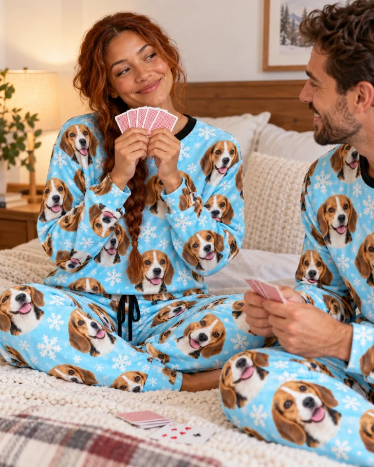 Woman and her partner in matching beagle winter pajamas with tricolor Beagle (black, tan and white) faces — MyDogPics