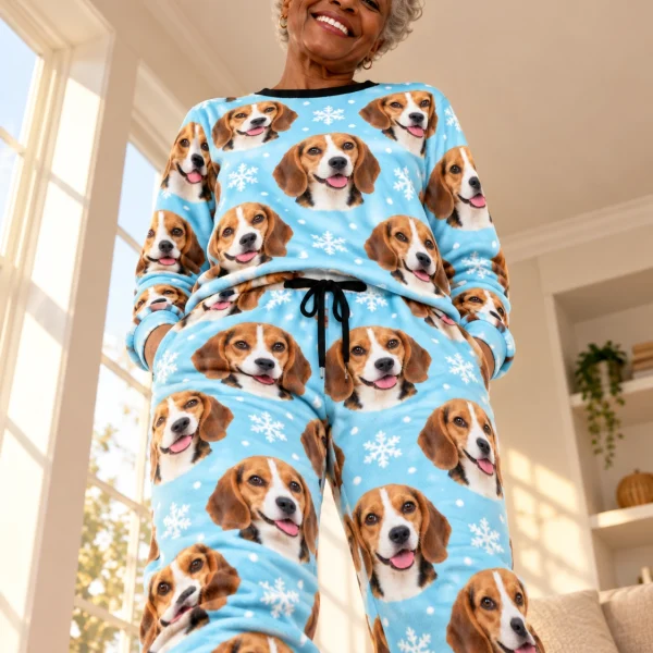 Woman wearing beagle winter pajamas covered in tricolor Beagle (black, tan and white) faces — MyDogPics