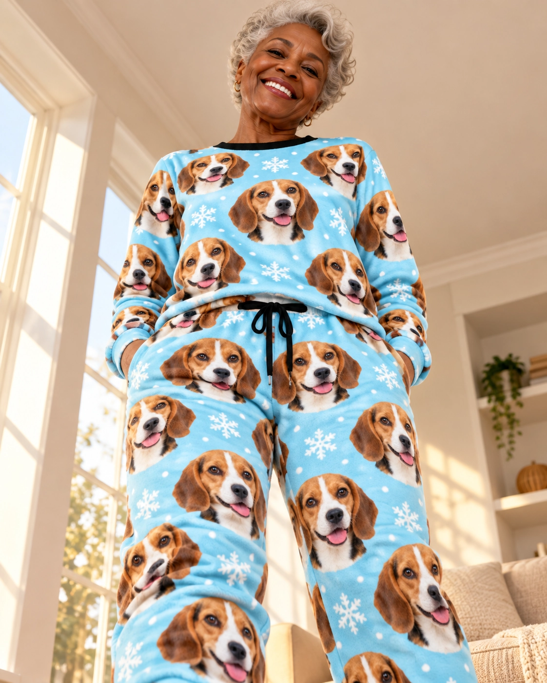 Beagle Winter Pajamas – Front View, Light Blue Snowflake | MyDogPics Woman wearing beagle winter pajamas covered in tricolor Beagle (black, tan and white) faces — MyDogPics