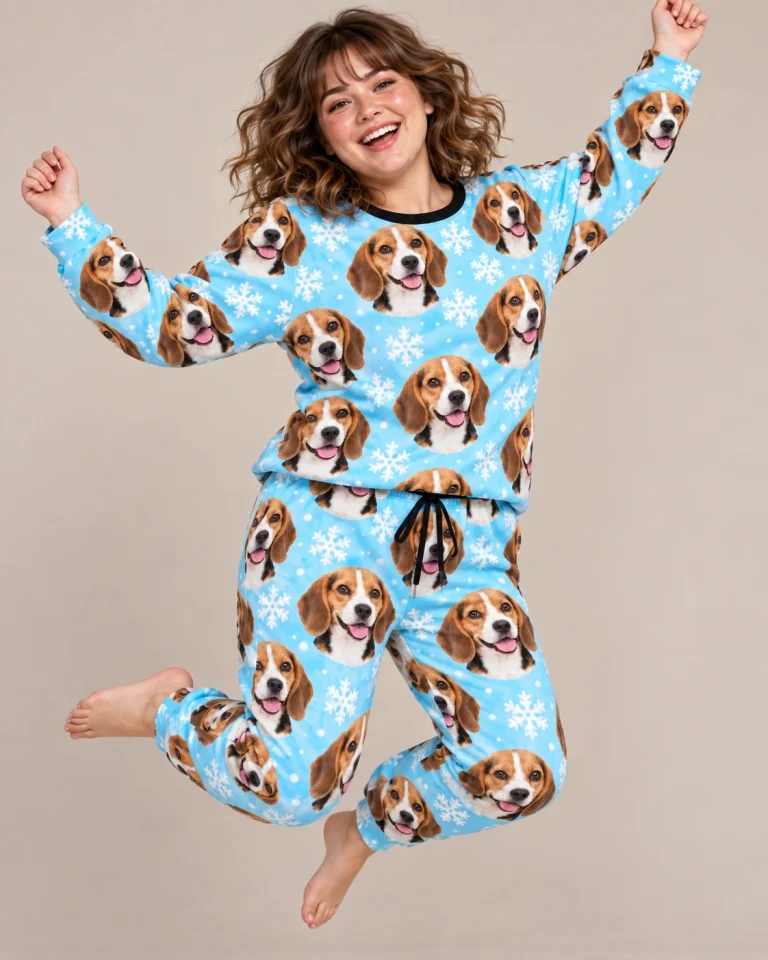 Woman posing in beagle winter pajamas with tricolor Beagle (black, tan and white) faces — MyDogPics