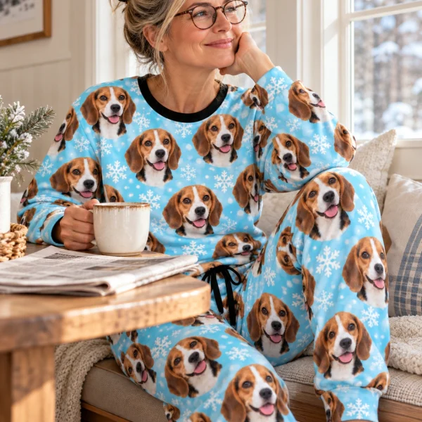 Woman sitting in beagle winter pajamas covered in tricolor Beagle (black, tan and white) faces — MyDogPics