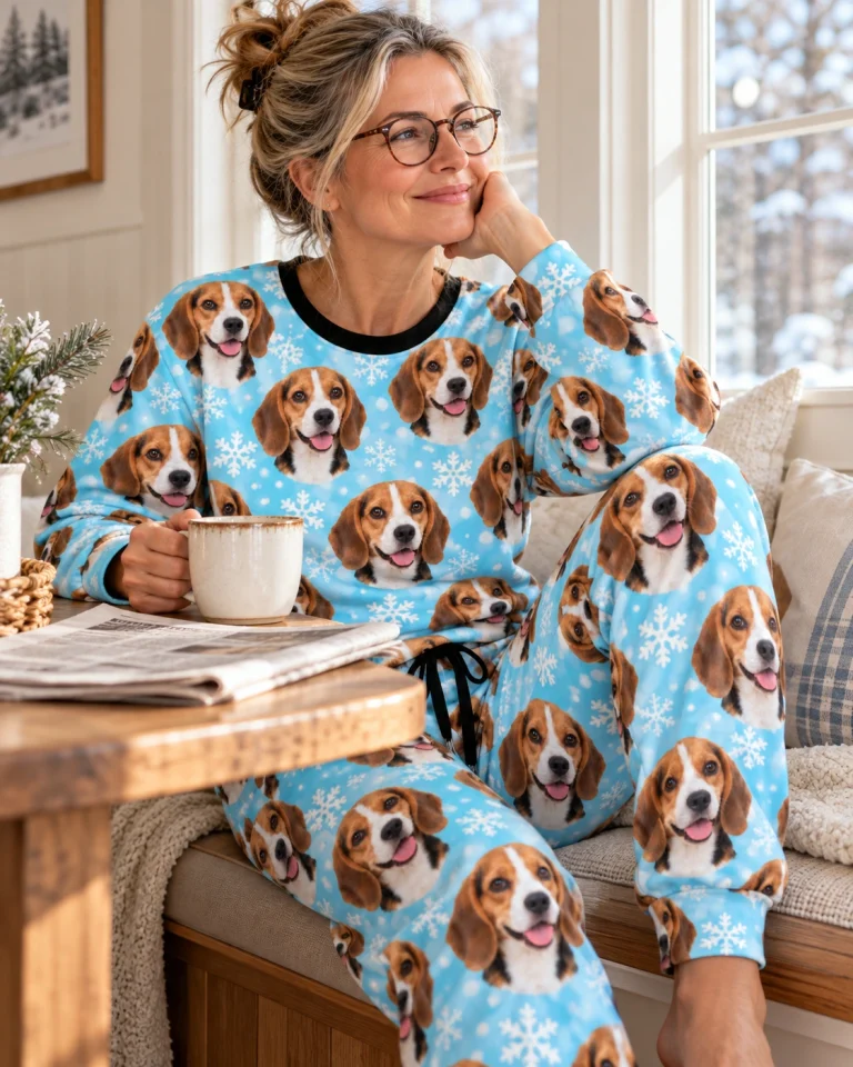 Woman sitting in beagle winter pajamas covered in tricolor Beagle (black, tan and white) faces — MyDogPics