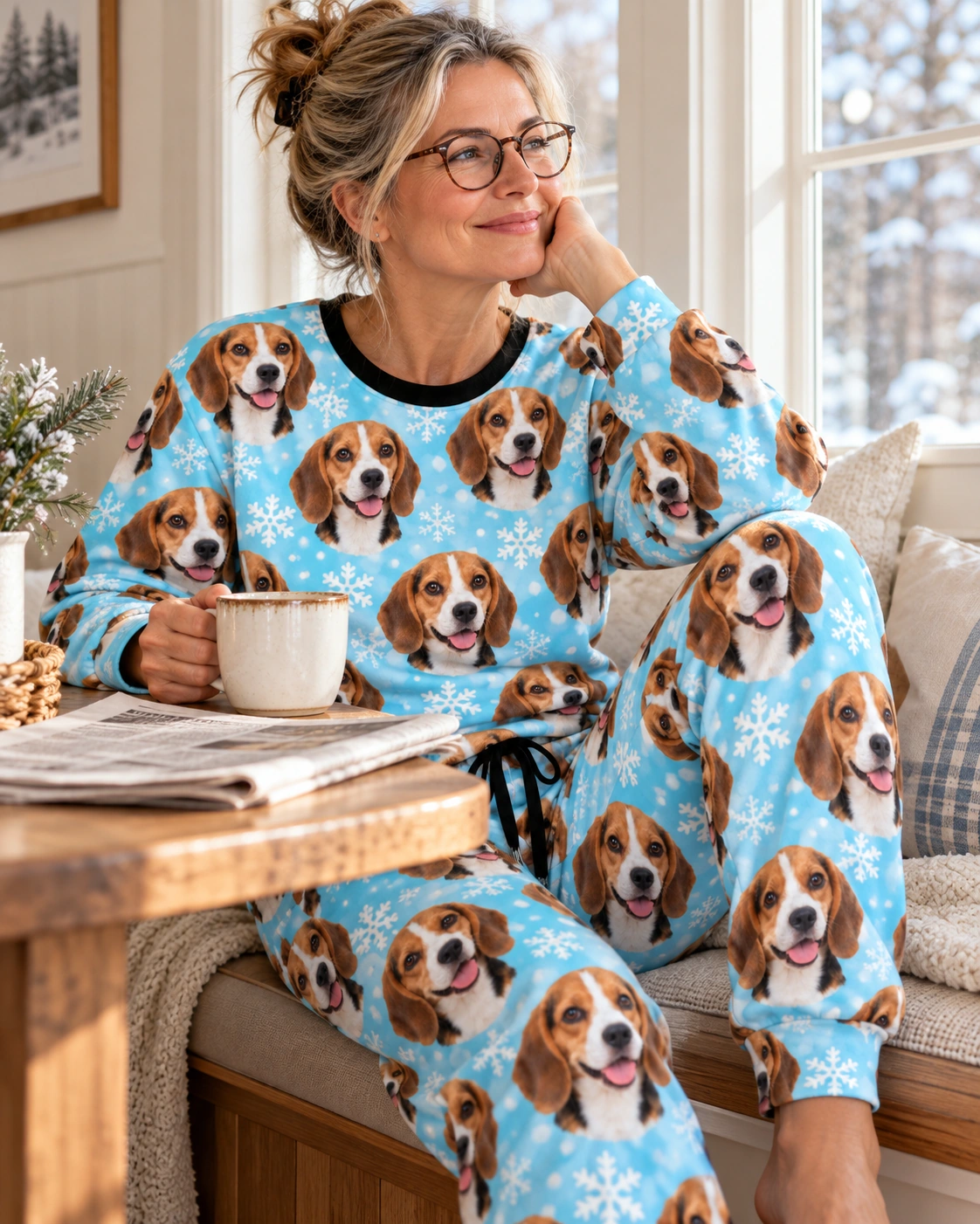 Beagle Winter Pajamas – Sitting, Light Blue Snowflake | MyDogPics Woman sitting in beagle winter pajamas covered in tricolor Beagle (black, tan and white) faces — MyDogPics