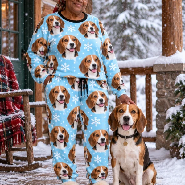 Woman in beagle winter pajamas with her Beagle — MyDogPics
