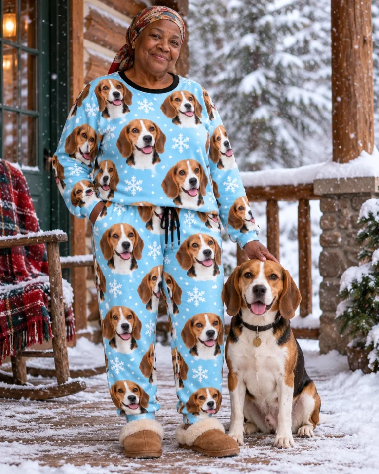 Woman in beagle winter pajamas with her Beagle — MyDogPics