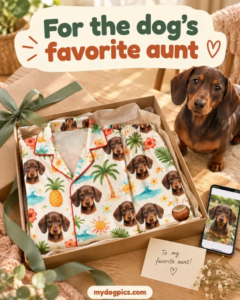 Dachshund beside a gift box of pajamas printed with its face, one of the best gifts for dog owners, MyDogPics