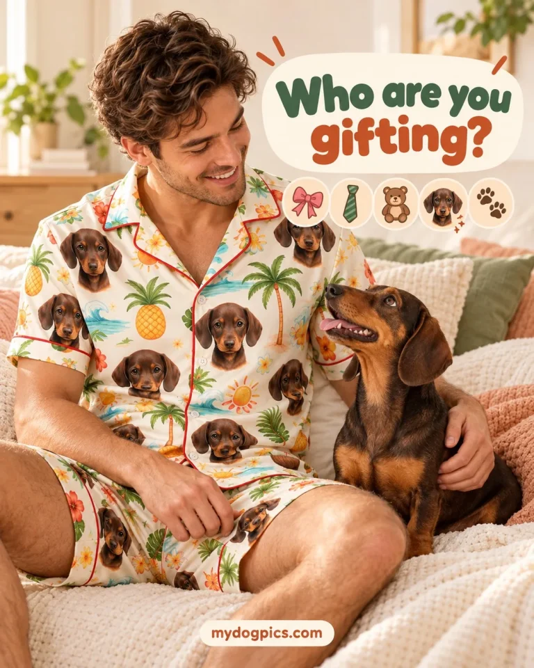 Man in dachshund-face pajamas smiling at his dog, a pick among the best gifts for dog owners, MyDogPics
