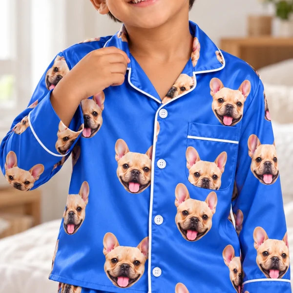 Close-up of the big boys pajamas print: fawn French bulldog faces on royal blue satin — MyDogPics