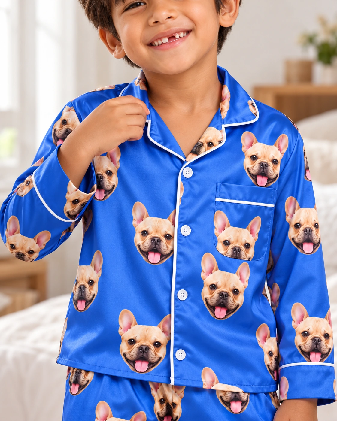 Big Boys Pajamas – Print Close-Up, Royal Blue | MyDogPics Close-up of the big boys pajamas print: fawn French bulldog faces on royal blue satin — MyDogPics