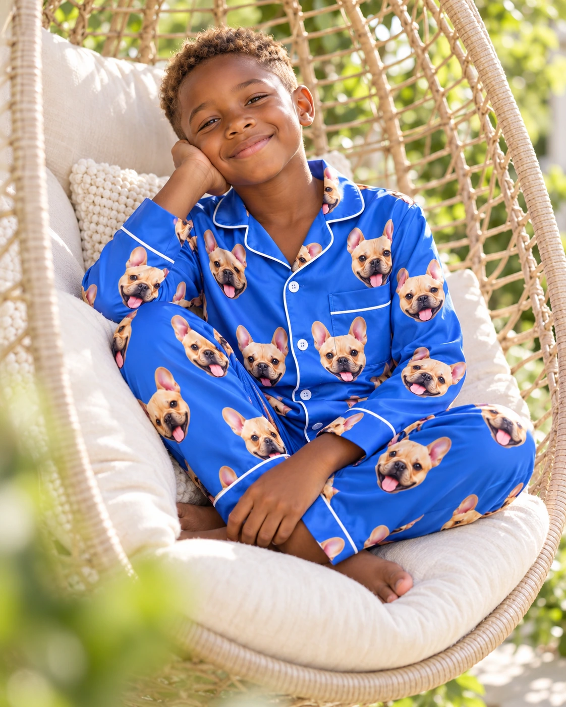 Big Boys Pajamas – Sitting, Royal Blue | MyDogPics Boy sitting in big boys pajamas covered in fawn French bulldog faces — MyDogPics
