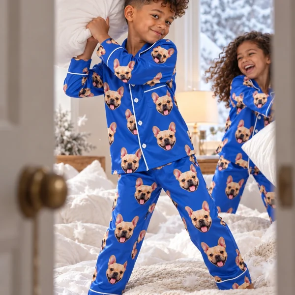Two kids in big boys pajamas with fawn French bulldog faces on royal blue satin — MyDogPics