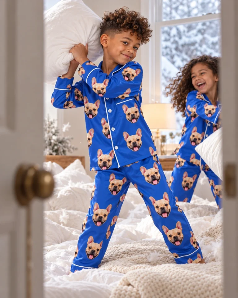 Two kids in big boys pajamas with fawn French bulldog faces on royal blue satin — MyDogPics