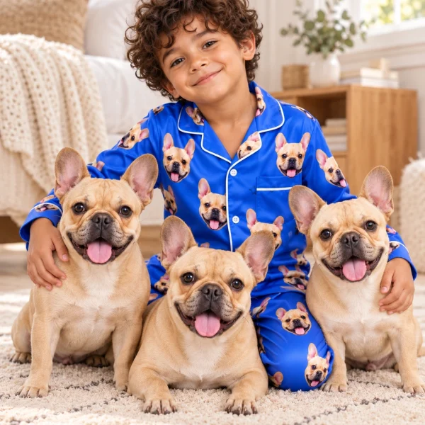 Boy in big boys pajamas with his French bulldog — MyDogPics