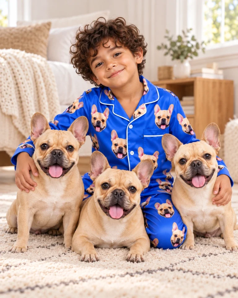 Boy in big boys pajamas with his French bulldog — MyDogPics