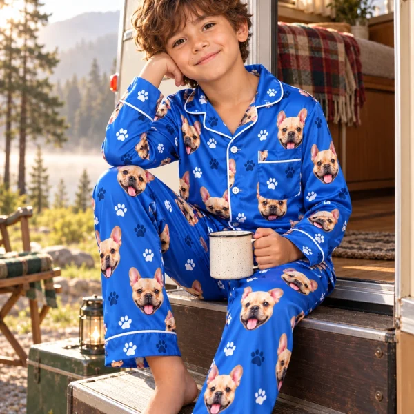 Boy sitting in birthday boy pajamas covered in fawn French bulldog faces — MyDogPics