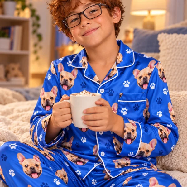 Boy sitting in birthday boy pajamas covered in fawn French bulldog faces — MyDogPics