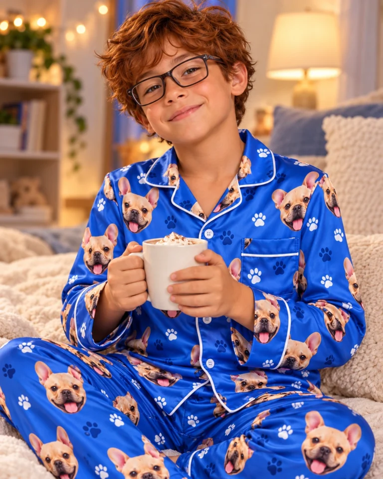 Boy sitting in birthday boy pajamas covered in fawn French bulldog faces — MyDogPics