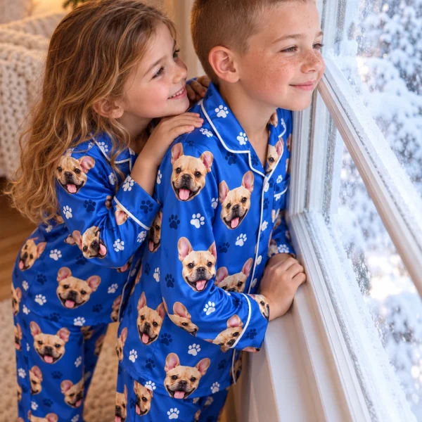 Two kids in birthday boy pajamas with fawn French bulldog faces on royal blue paw-print satin — MyDogPics
