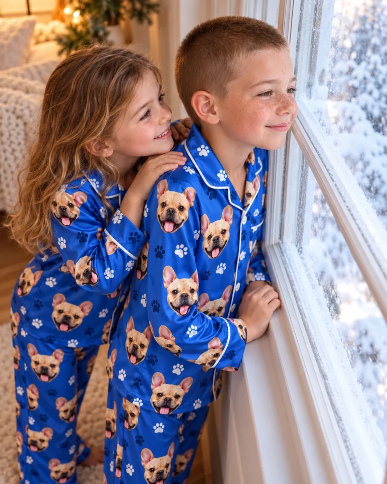 Two kids in birthday boy pajamas with fawn French bulldog faces on royal blue paw-print satin — MyDogPics