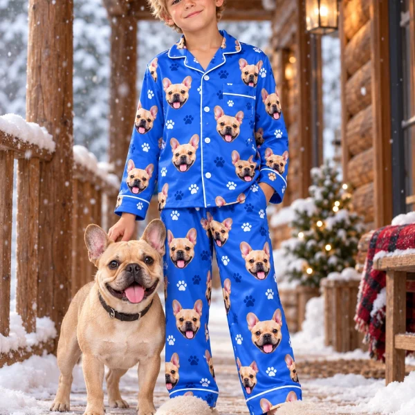 Boy in birthday boy pajamas with his French bulldog — MyDogPics